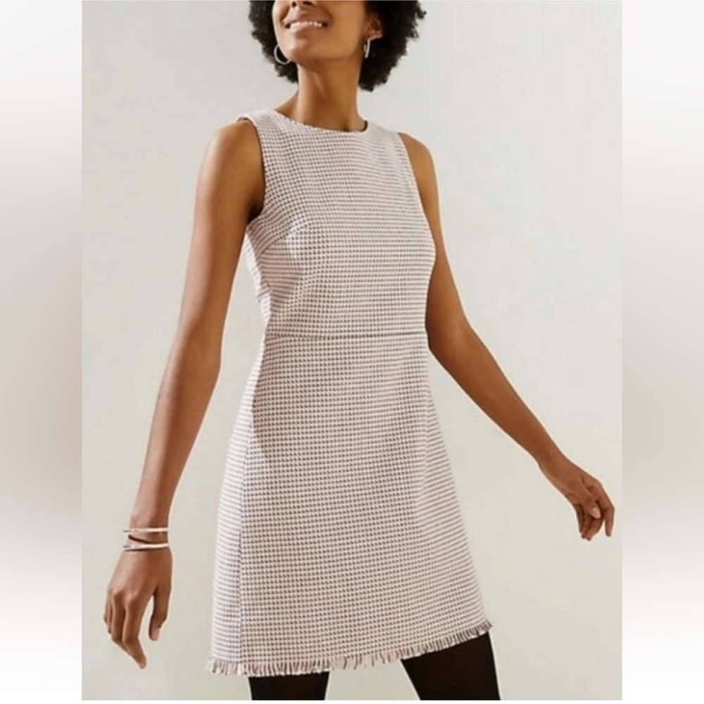 LOFT pink, black, white tweed sleeveless sheath dress with raw hem office preppy